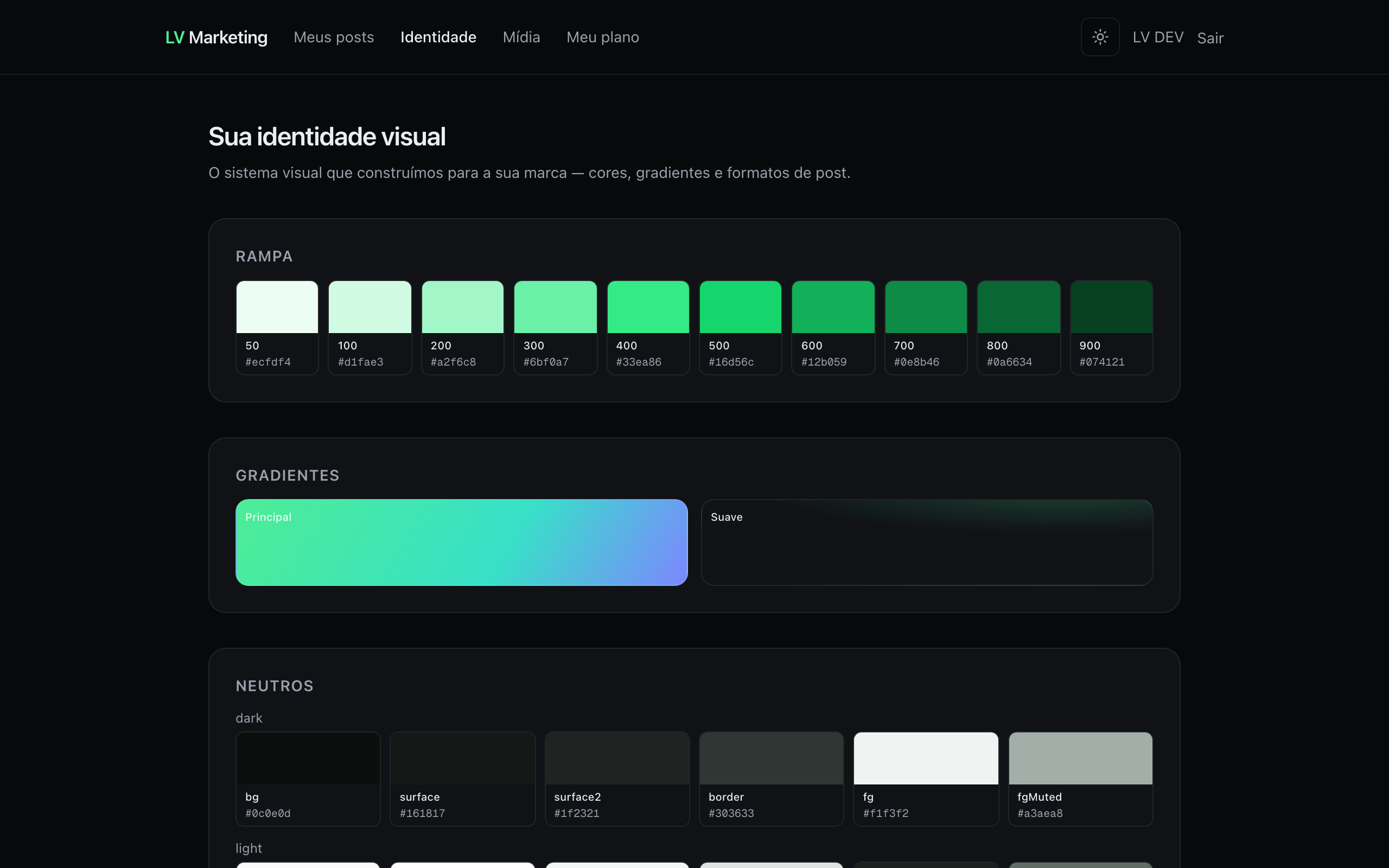 Tela de identidade visual do cliente: rampa de cores, gradientes e neutros da marca
