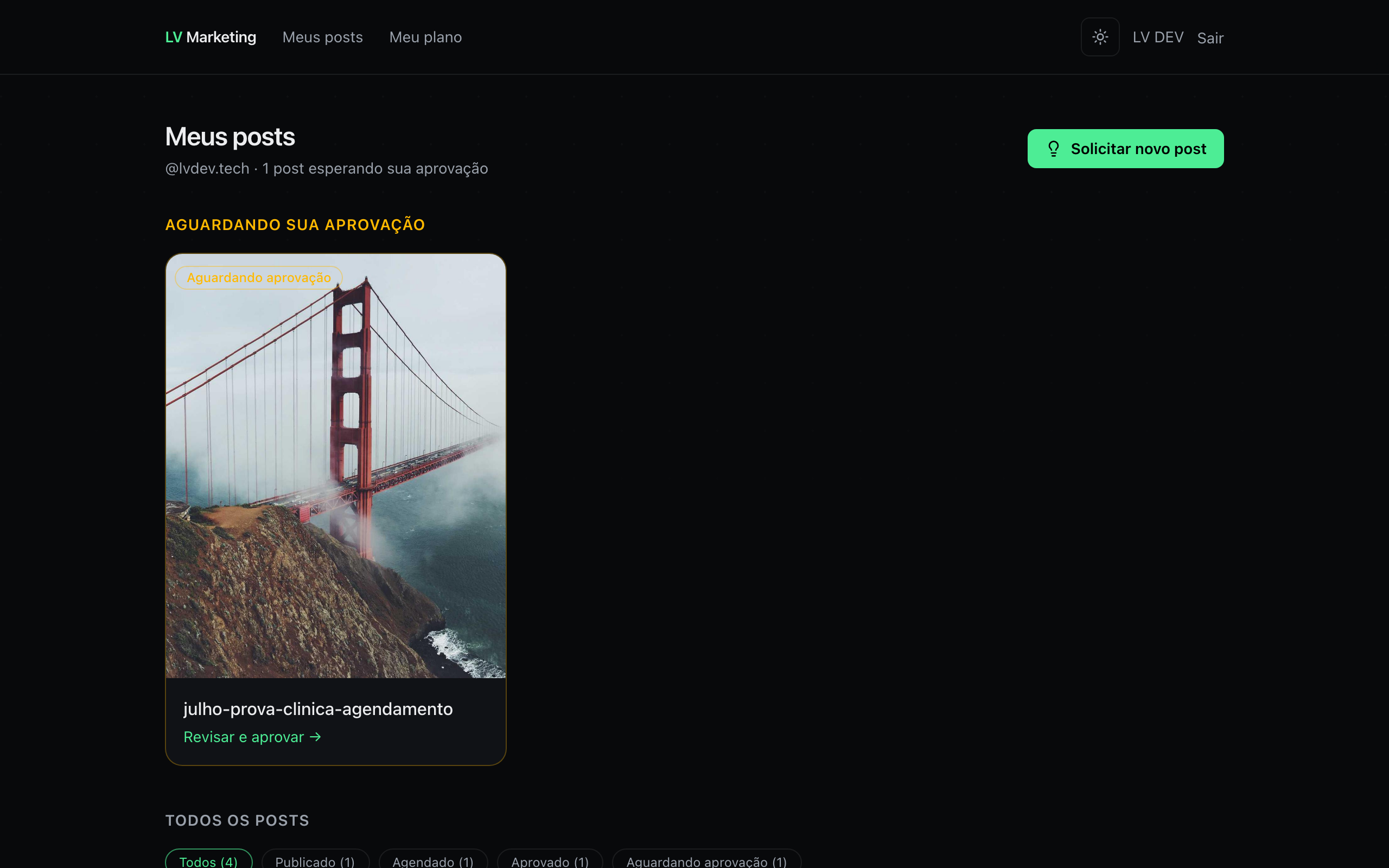 Portal do cliente com post aguardando aprovação
